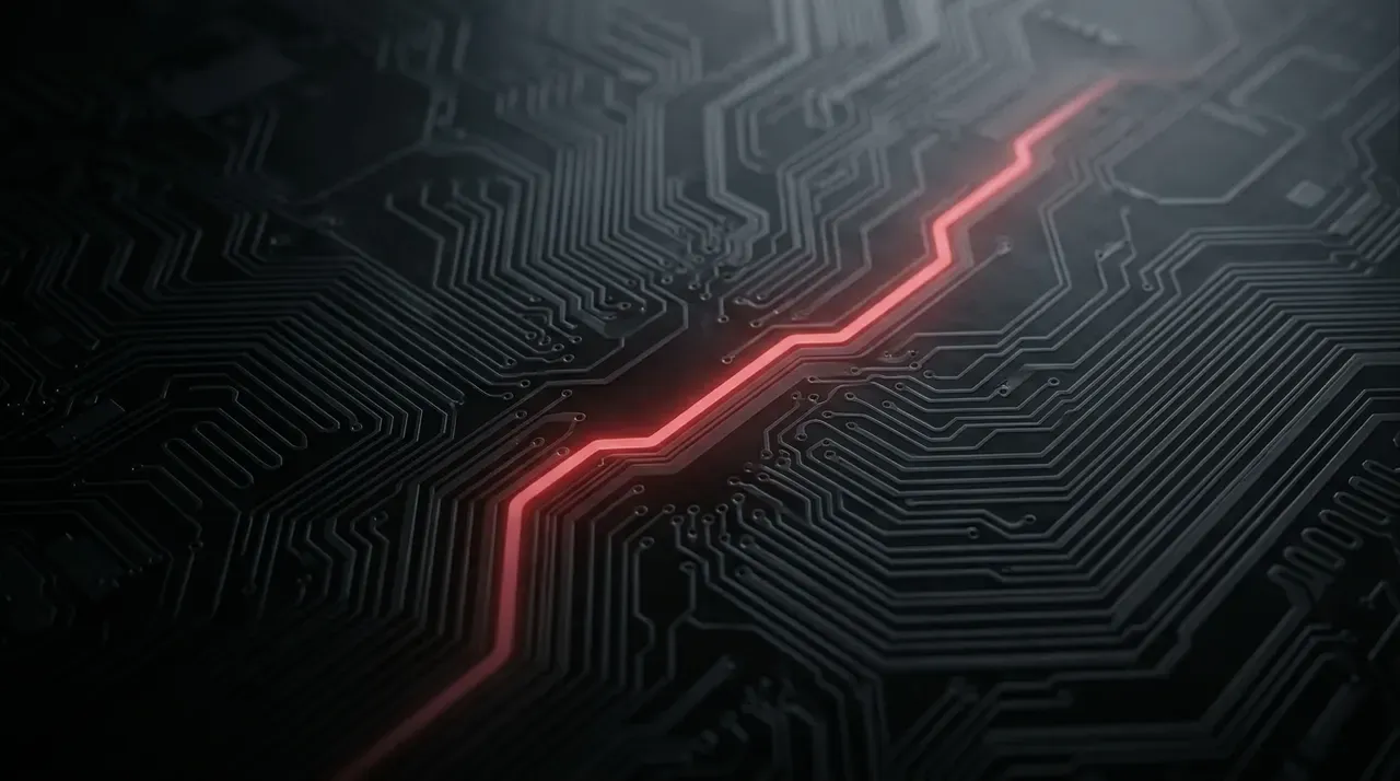 Macro circuit board with one traced path glowing red through the maze