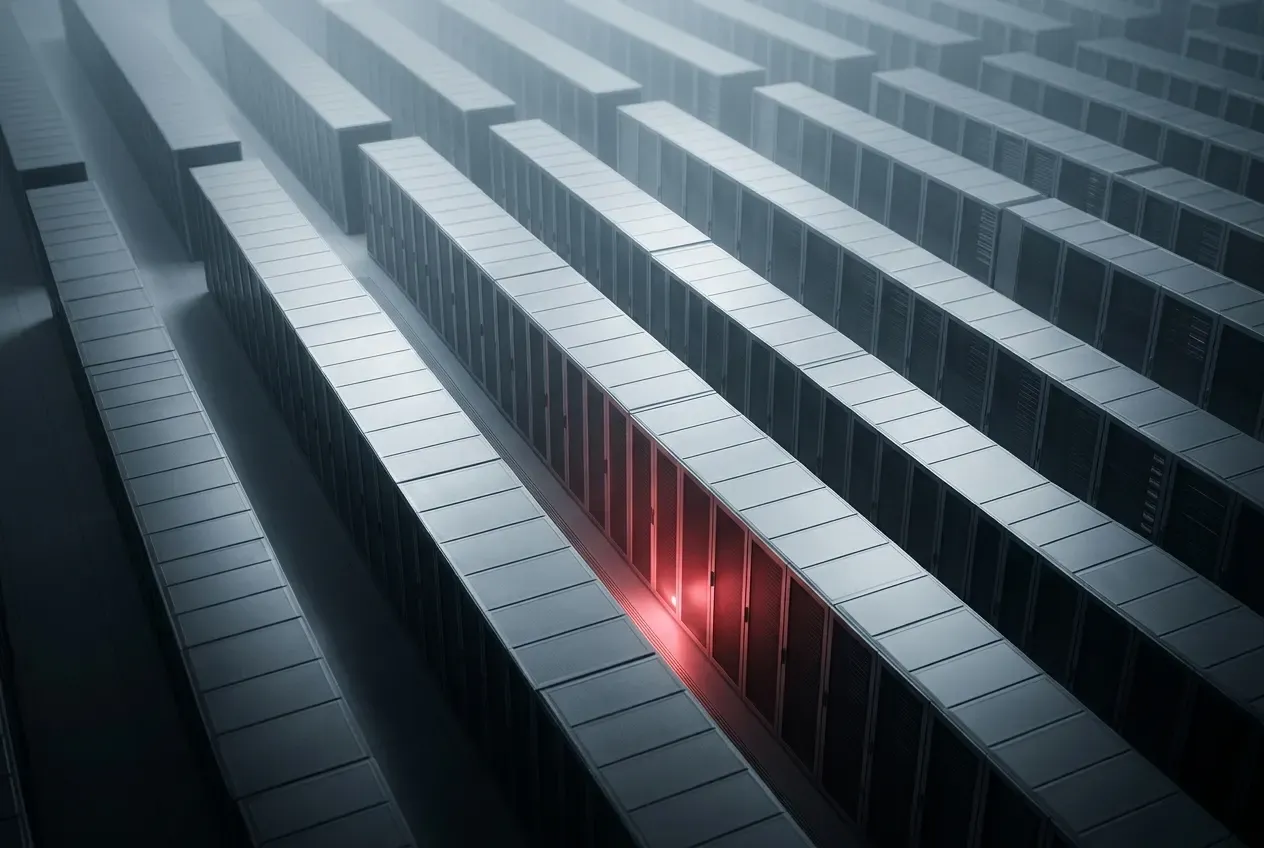 Aerial view of ordered data-center server racks with one aisle glowing red