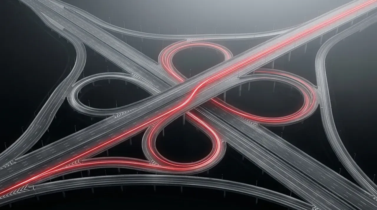 Aerial highway interchange merging into one route, traced by a glowing red ribbon