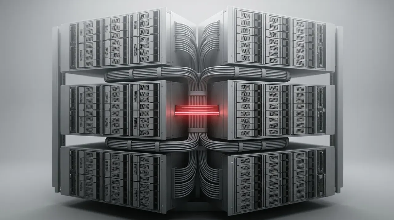 Tiered enterprise storage cabinet with one connector glowing red as data shifts between hot, warm, and cold tiers
