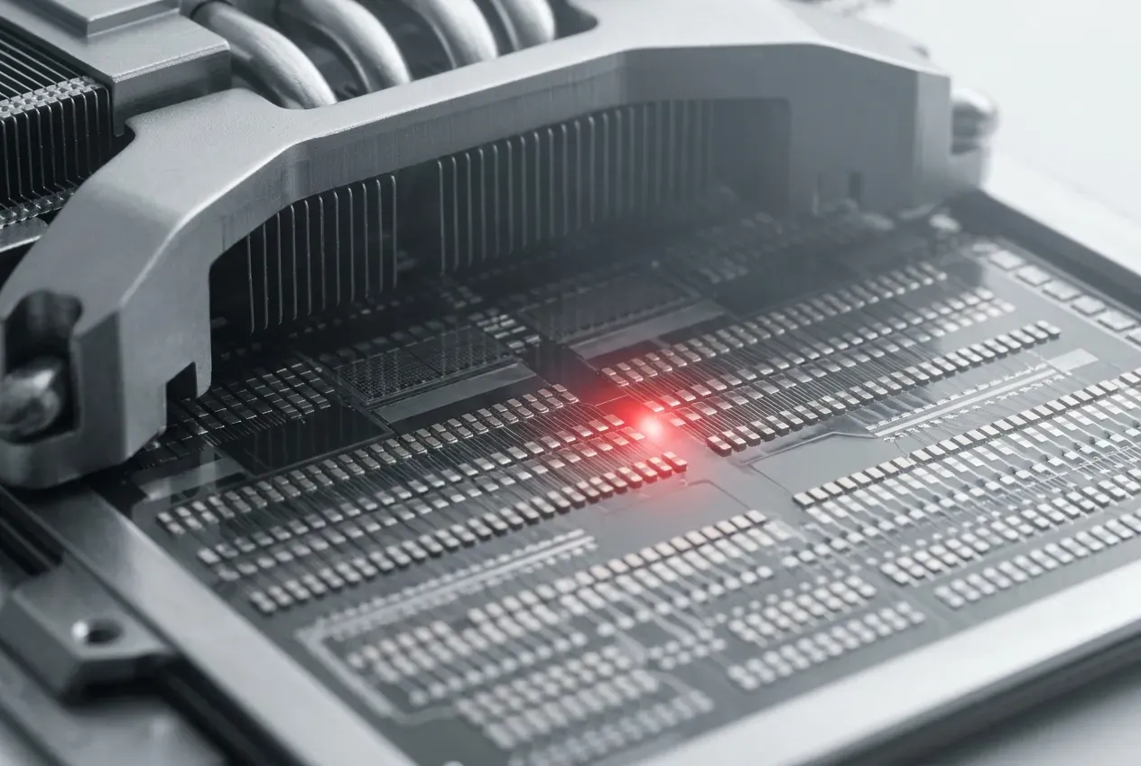 Processor die under a heatsink with one contact point glowing red as the system stabilizes