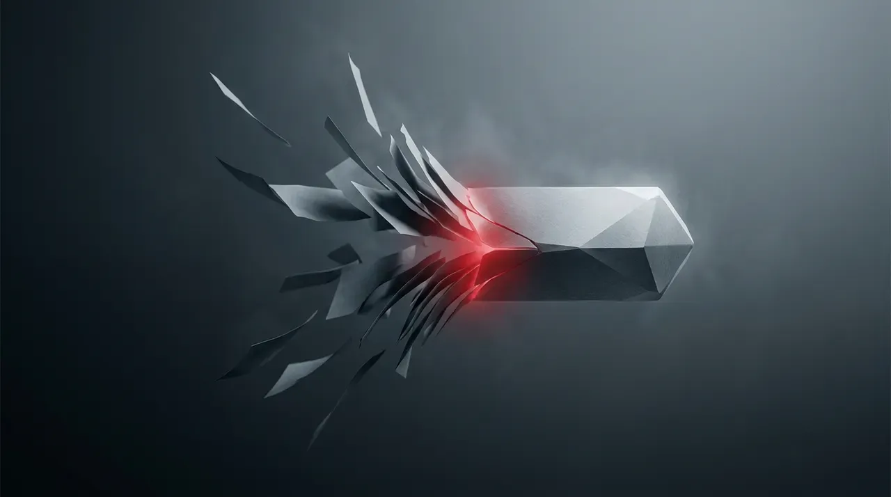 A fragmented crystalline block fusing at a single glowing red point