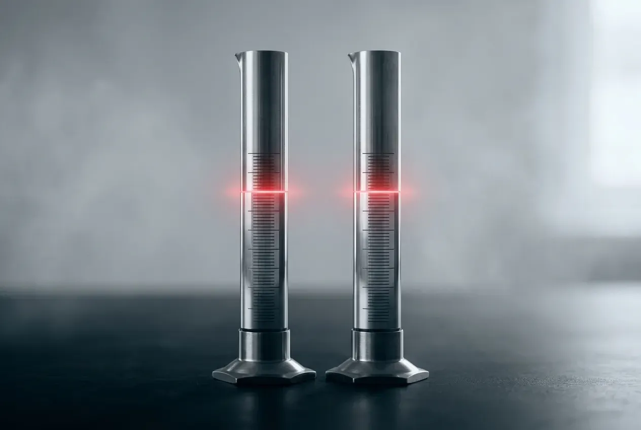 Two matched measuring cylinders, liquid levels aligned and glowing red at the shared line