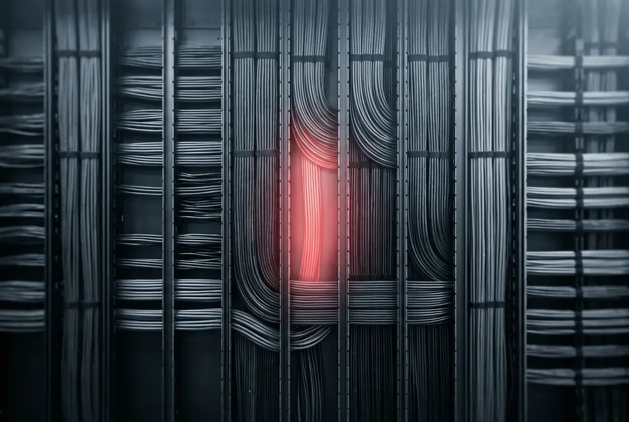 Cable-management bundle with one channel glowing red as new capacity is added cleanly