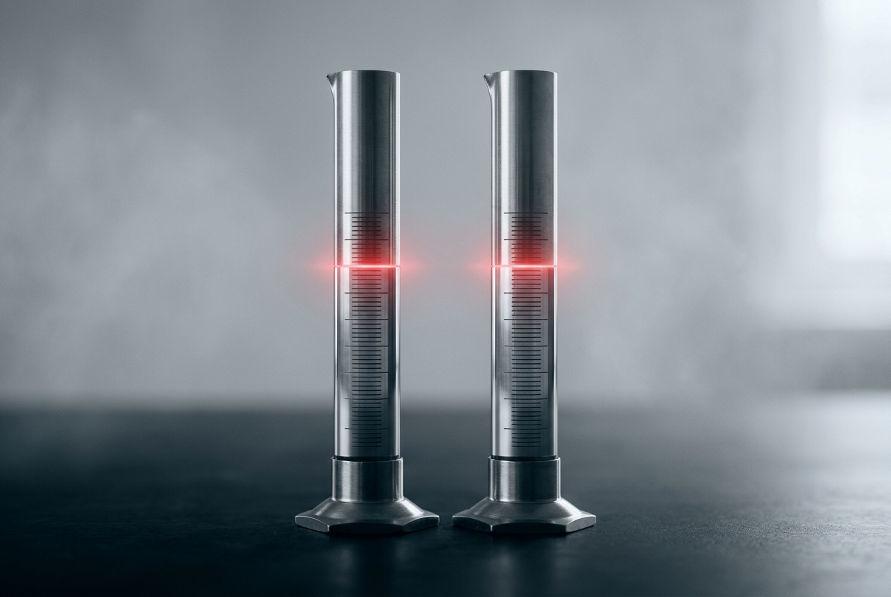 Two matched measuring cylinders, liquid levels aligned and glowing red at the shared line