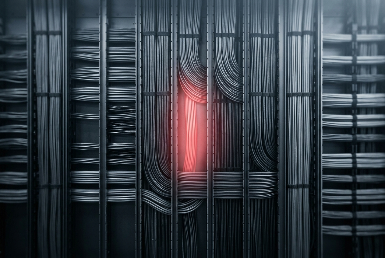 Cable-management bundle with one channel glowing red as new capacity is added cleanly